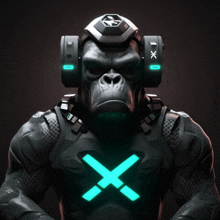 a gorilla wearing a helmet and headphones has a neon x on his chest