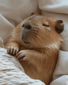 a small animal with its eyes closed laying on a bed