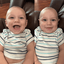 two babies wearing striped shirts are sitting next to each other and smiling