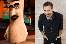 a man with a beard is next to a cartoon character