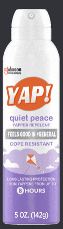 a bottle of yap quiet peace yapper repellent with a kite on the label