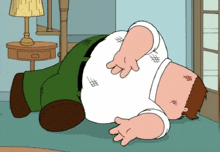 peter griffin from family guy is laying on the floor with a lamp in the background