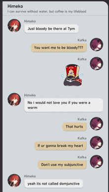 a text message between himeko and kafka