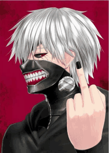 a man with white hair and a black mask on his face giving the middle finger