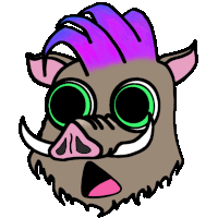 a cartoon drawing of a boar with a purple mohawk and green eyes