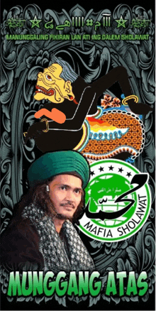 a mafia sholawat poster with a man in a green turban on it