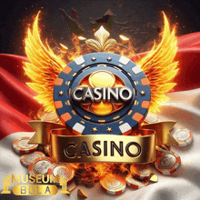 a logo for a casino with flames and coins