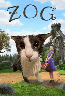 a girl in a purple dress is standing next to a cat with the word zog on it