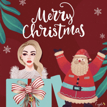 a merry christmas card with a woman holding a gift and santa