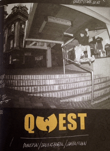 a black and white photo of a person riding a skateboard with the word quest on the bottom