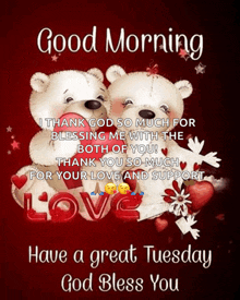 a good morning message with two teddy bears and hearts