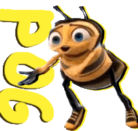 a cartoon bee is standing in front of a yellow p and g