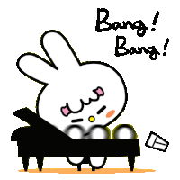 a cartoon bunny is playing a piano and says bang