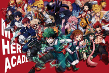 a poster for my hero academia shows a group of characters