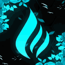 a blue flame with leaves and birds in the background