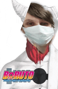 a person wearing a white chef 's hat and a mask .