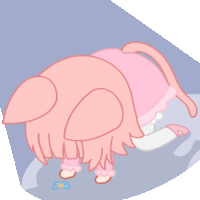 a cartoon drawing of a girl with pink hair crawling on the ground