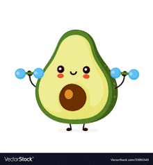 a cartoon avocado is lifting dumbbells with a surprised face .