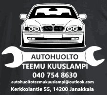 a black and white advertisement for autohuolto teemu kuutlampi