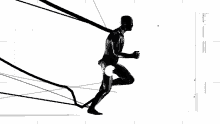 a black and white drawing of a man running in a tunnel