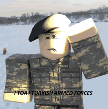 a toy soldier with the name turkly on his uniform is saluting in the snow