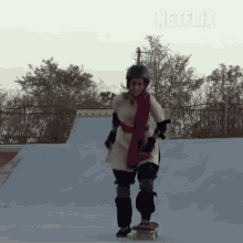 a woman is riding a skateboard on a ramp with netflix written in the corner