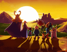 a group of cartoon characters are standing in front of a castle