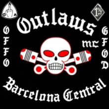 a logo for outlaws mc f barcelona central with a skull and pistons