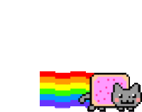 a pixel art of a cat with a rainbow behind it .