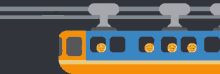 a blue and orange train with smiley faces on the side