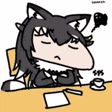 a drawing of a wolf sitting at a table with his eyes closed