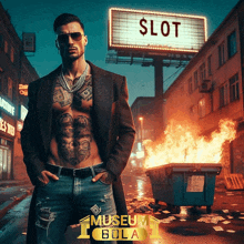 a man with a tattoo on his chest stands in front of a sign that says slot