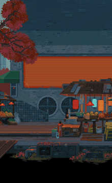 a pixel art illustration of a market with lanterns hanging from the roof