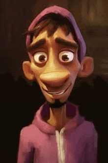 a close up of a cartoon character with big eyes and a beard wearing a purple hoodie and hat .