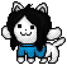 a pixel art drawing of a cat wearing a blue sweater and ears .