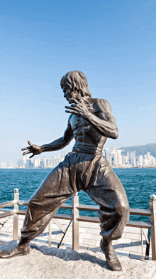 a bronze statue of bruce lee is standing in front of the ocean