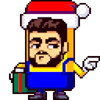 a pixel art drawing of a man wearing a santa hat and holding a gift