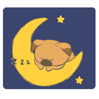 a pug dog sleeping on a crescent moon with stars in the background