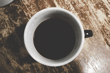 a cup of coffee on a wooden table