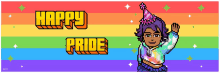 a pixel art illustration of a girl wearing a party hat and the words happy pride