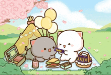 two cartoon cats are having a picnic and one is holding a candy bar that says " today "