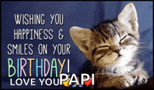 a birthday card with a kitten and the words wishing you happiness & smiles on your birthday i love you papi