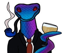 a blue and purple snake in a suit and tie holding a glass