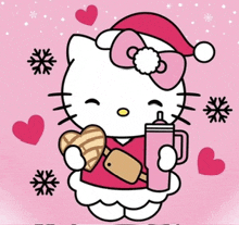 a hello kitty wearing a santa hat is holding a cup and a heart