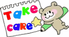 a cartoon bear is holding a pencil and a note that says take care .