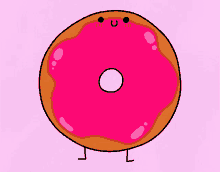 a cartoon drawing of a pink donut with a face and legs