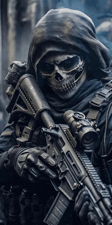 a soldier with a skull mask holding a gun