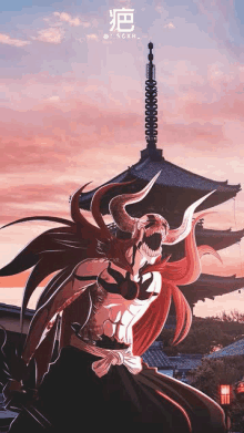 a drawing of a demon with horns in front of a pagoda .