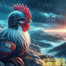 a picture of a rooster wearing a helmet and a tag that says 33.39