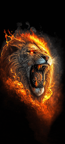 a lion is surrounded by flames and smoke with its mouth open